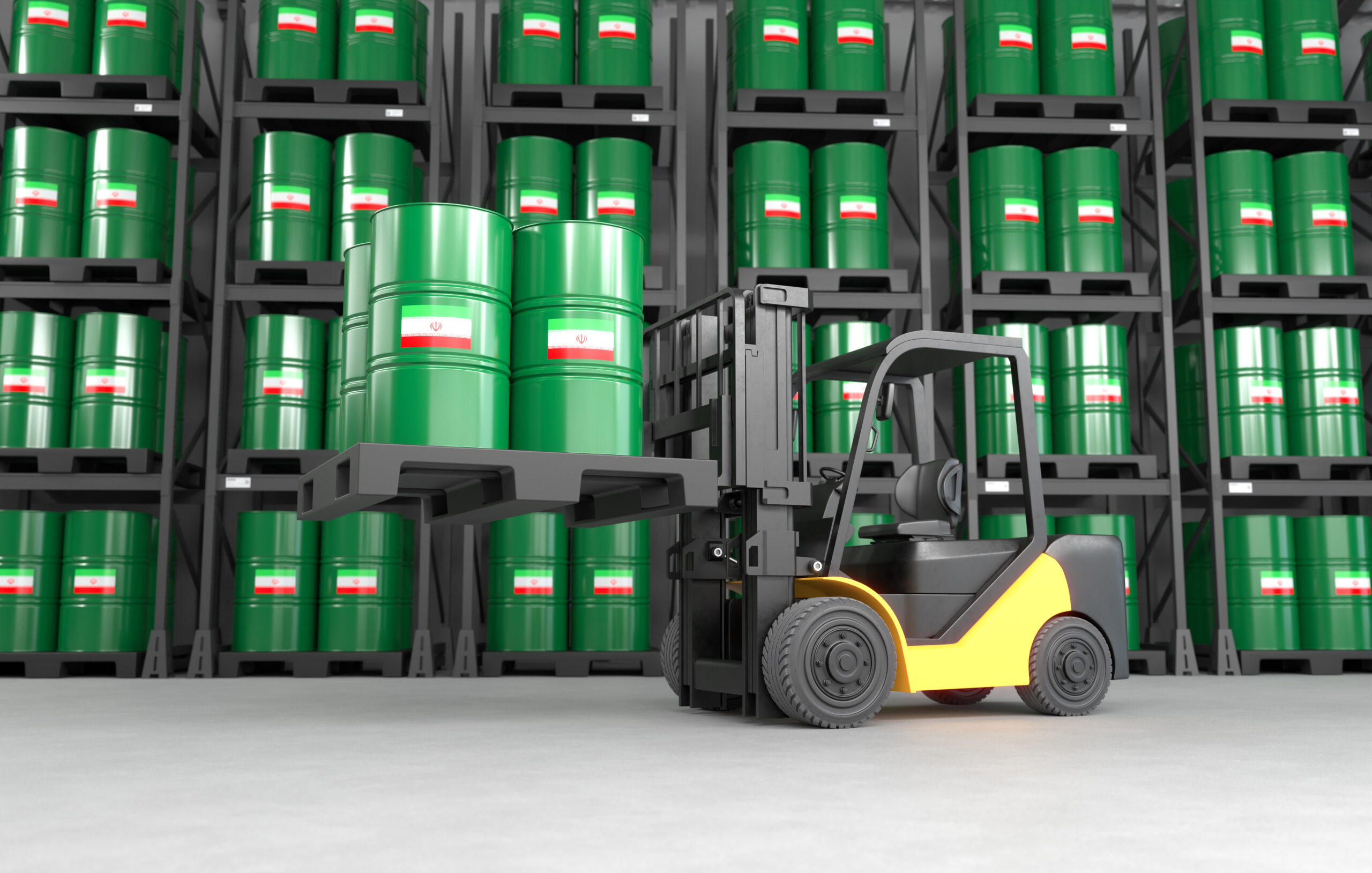 a forklift is lifting oil barrels made in iran in a warehouse